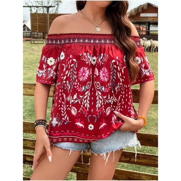 Plus Floral Print Off Shoulder Cottagecore Blouse - Picture 2 of 11